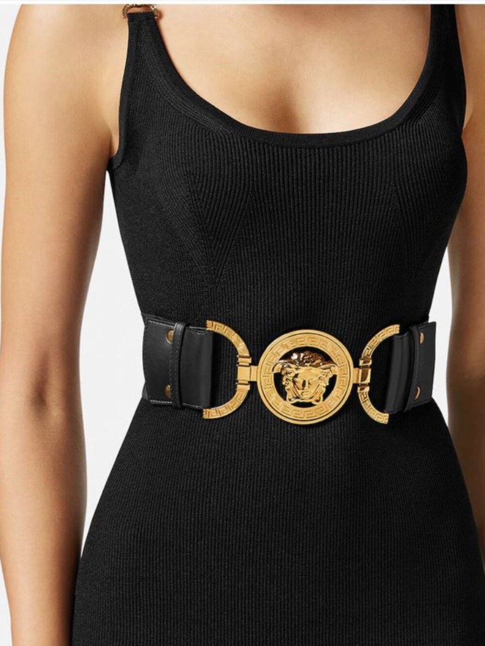 Versace Black Elastic + Calf leather Belt with Gold Medusa Buckle Authentic